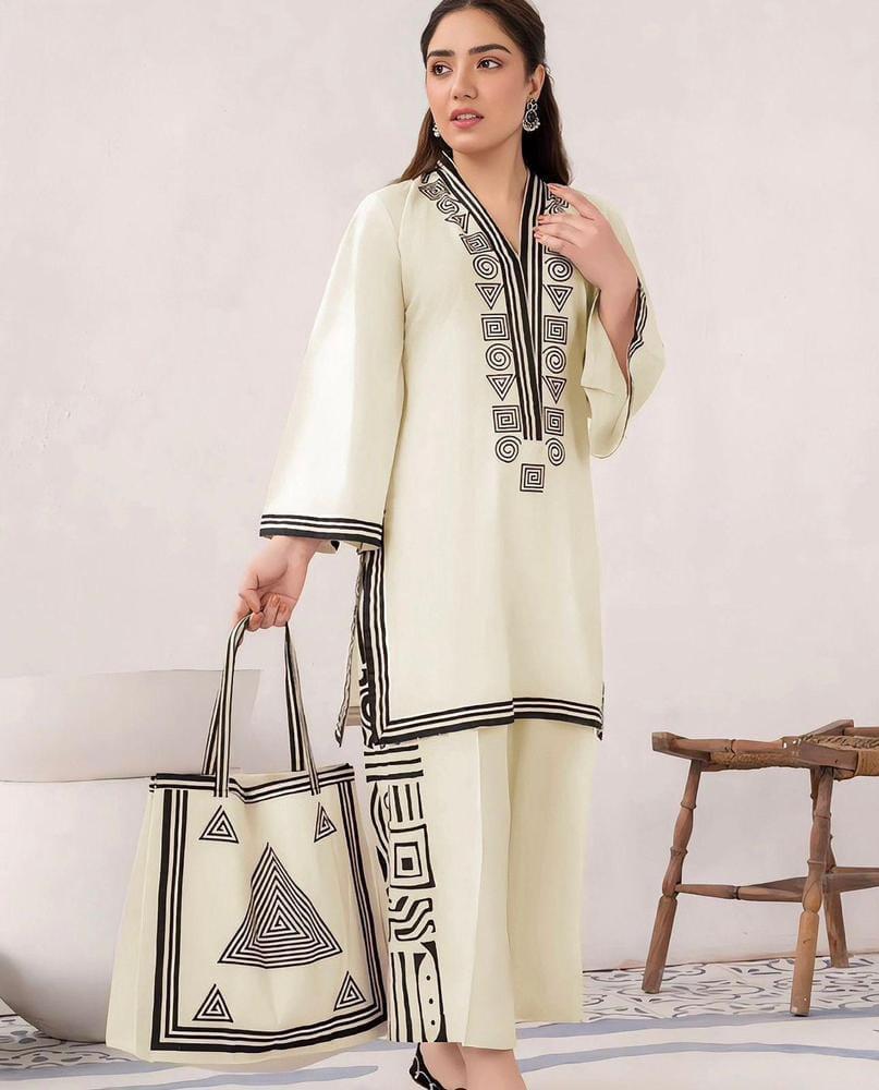 2 Pcs Women's Stitched Linen Printed Shirt and Trouser with Matching Tote bag (White)