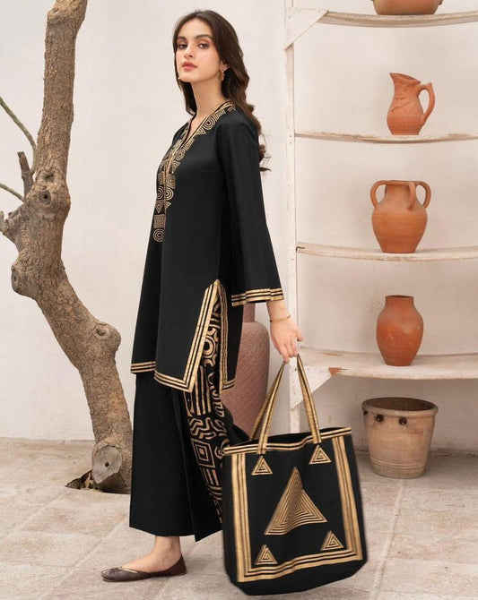 2 Pcs Women's Stitched Linen Printed Shirt and Trouser with Matching Tote bag (Black)