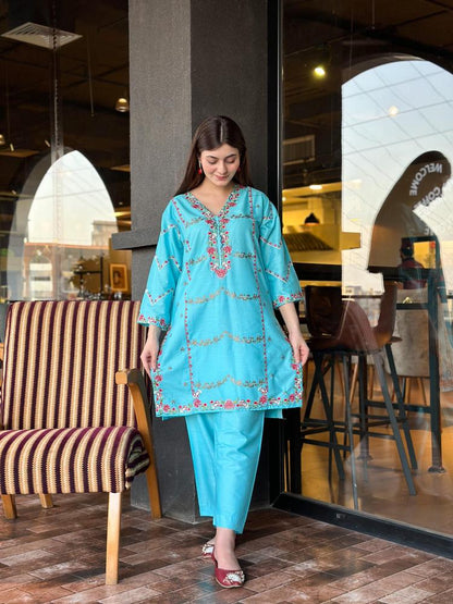 2 Pcs Women's Stitched Soft Cotton Embroidered Shirt and Trouser