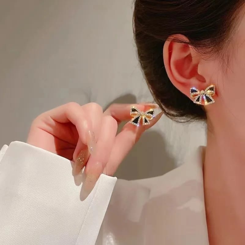 Elegant Zircon Black Bow Tie Earrings - Hazaaz.com