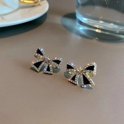 Elegant Zircon Black Bow Tie Earrings - Hazaaz.com