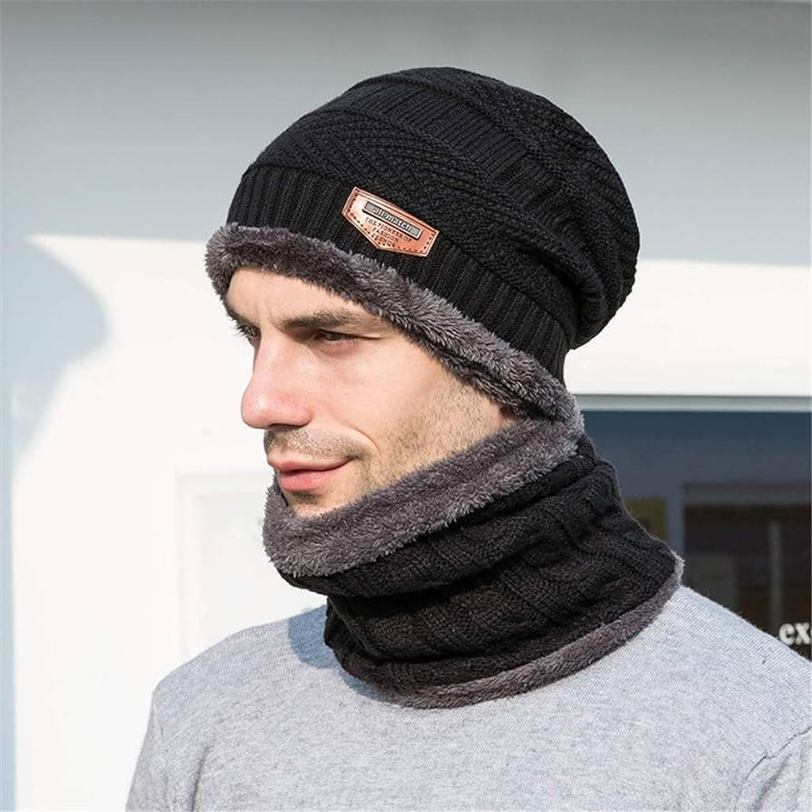 Winter Cap and neck Elastic Knitting Thick Fleece Warm Woollen Beanie Cap Sport Hat & Neck Scarf Set 2 Piece - Hazaaz.com