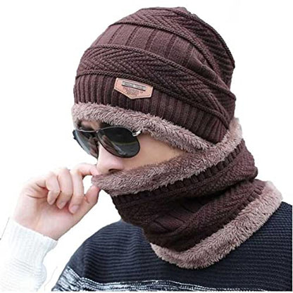 Winter Cap and neck Elastic Knitting Thick Fleece Warm Woollen Beanie Cap Sport Hat & Neck Scarf Set 2 Piece - Hazaaz.com