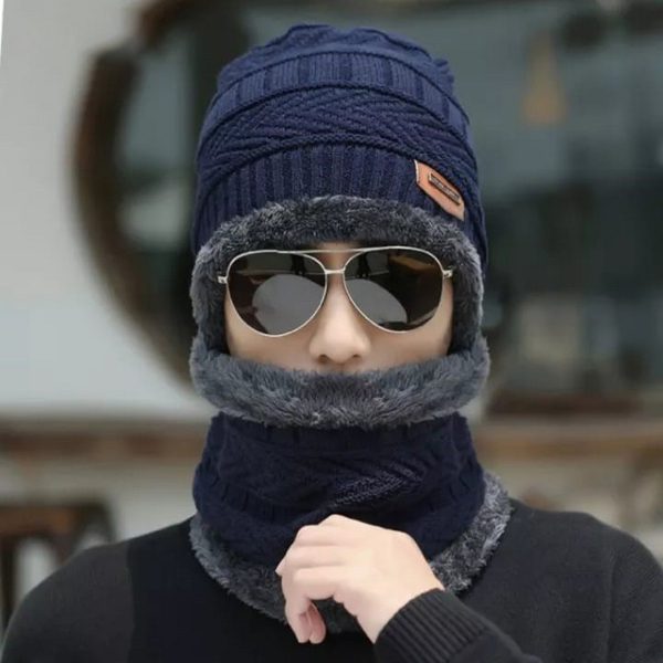 Winter Cap and neck Elastic Knitting Thick Fleece Warm Woollen Beanie Cap Sport Hat & Neck Scarf Set 2 Piece - Hazaaz.com