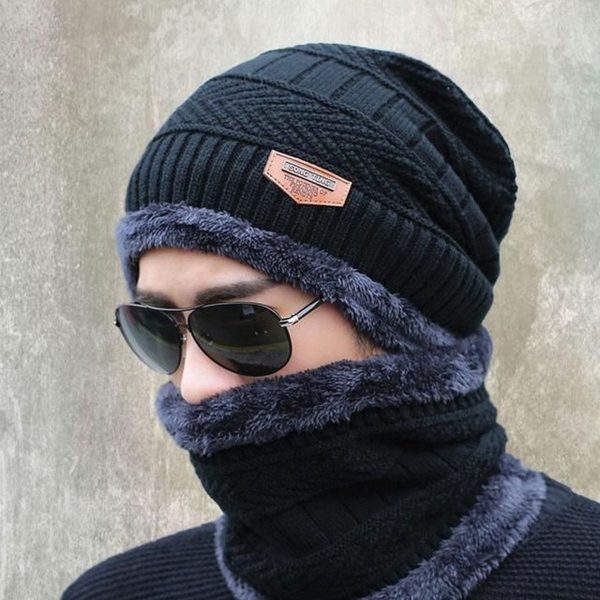 Winter Cap and neck Elastic Knitting Thick Fleece Warm Woollen Beanie Cap Sport Hat & Neck Scarf Set 2 Piece - Hazaaz.com